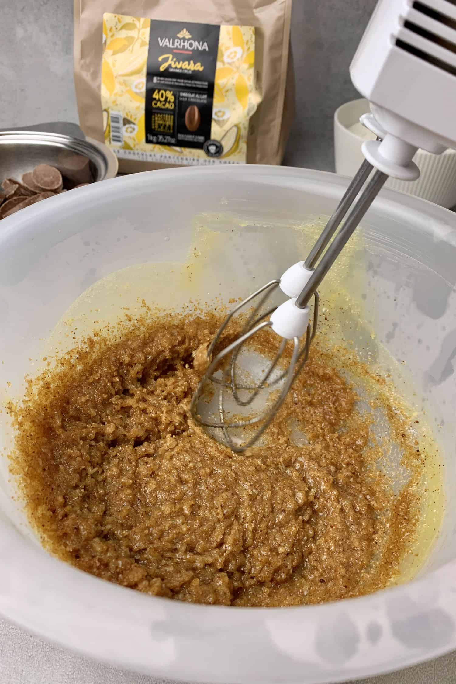 Making the cookie dough in a bowl.