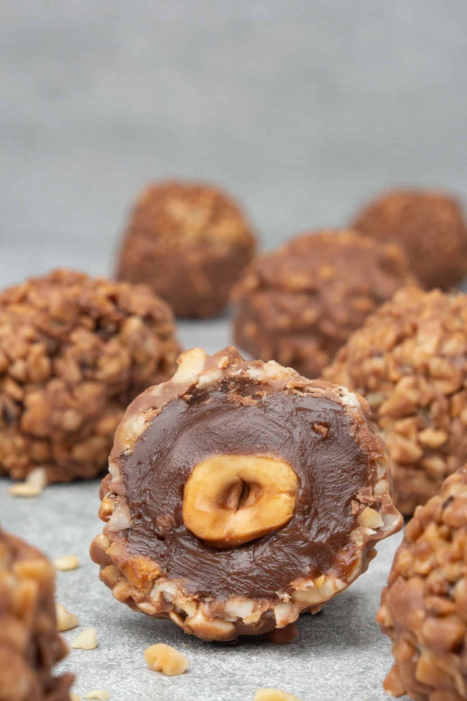 a half Homemade Ferrero Rocher bonbon.