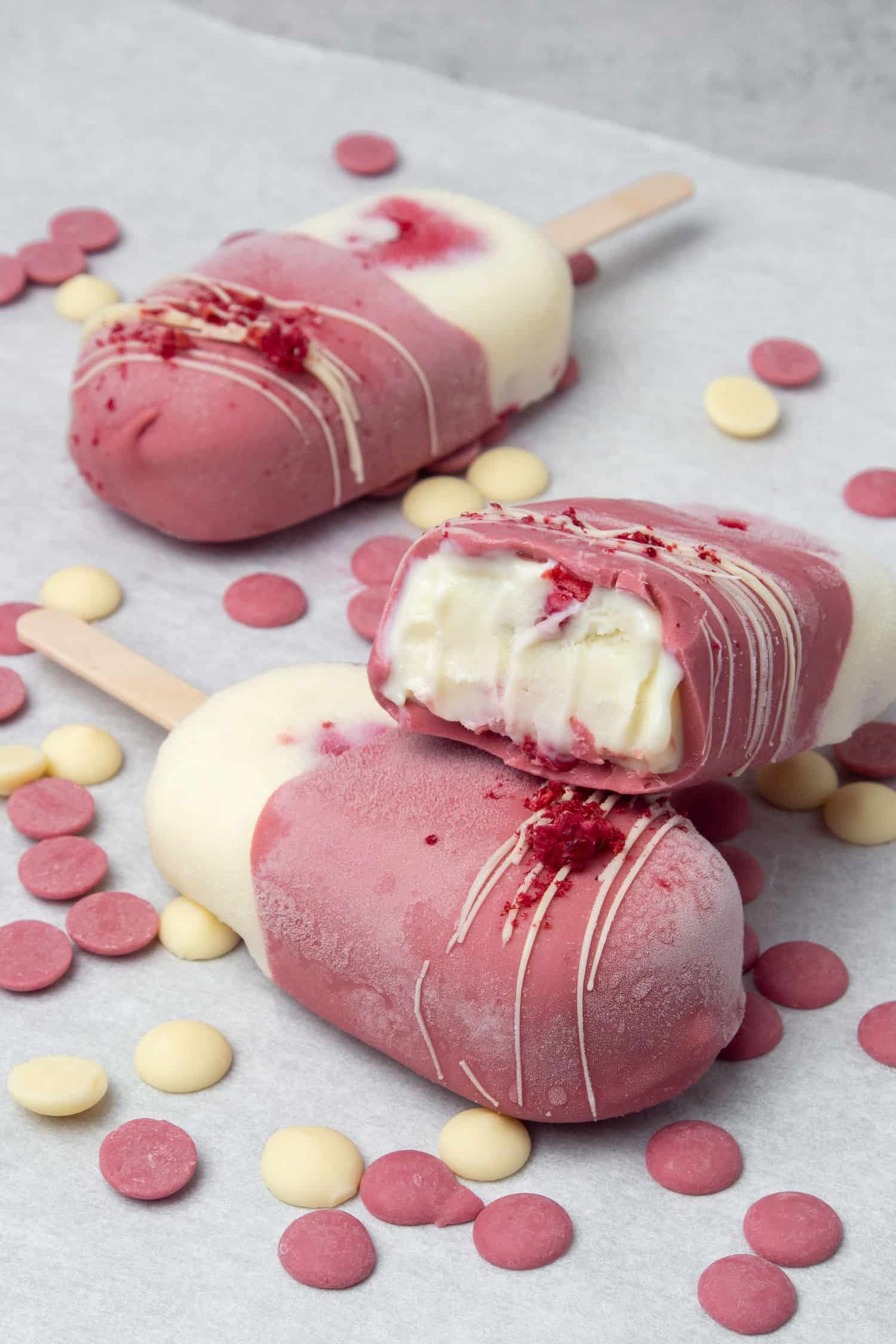 3 pcs of Ruby Raspberry ice cream bars on a white paper. 