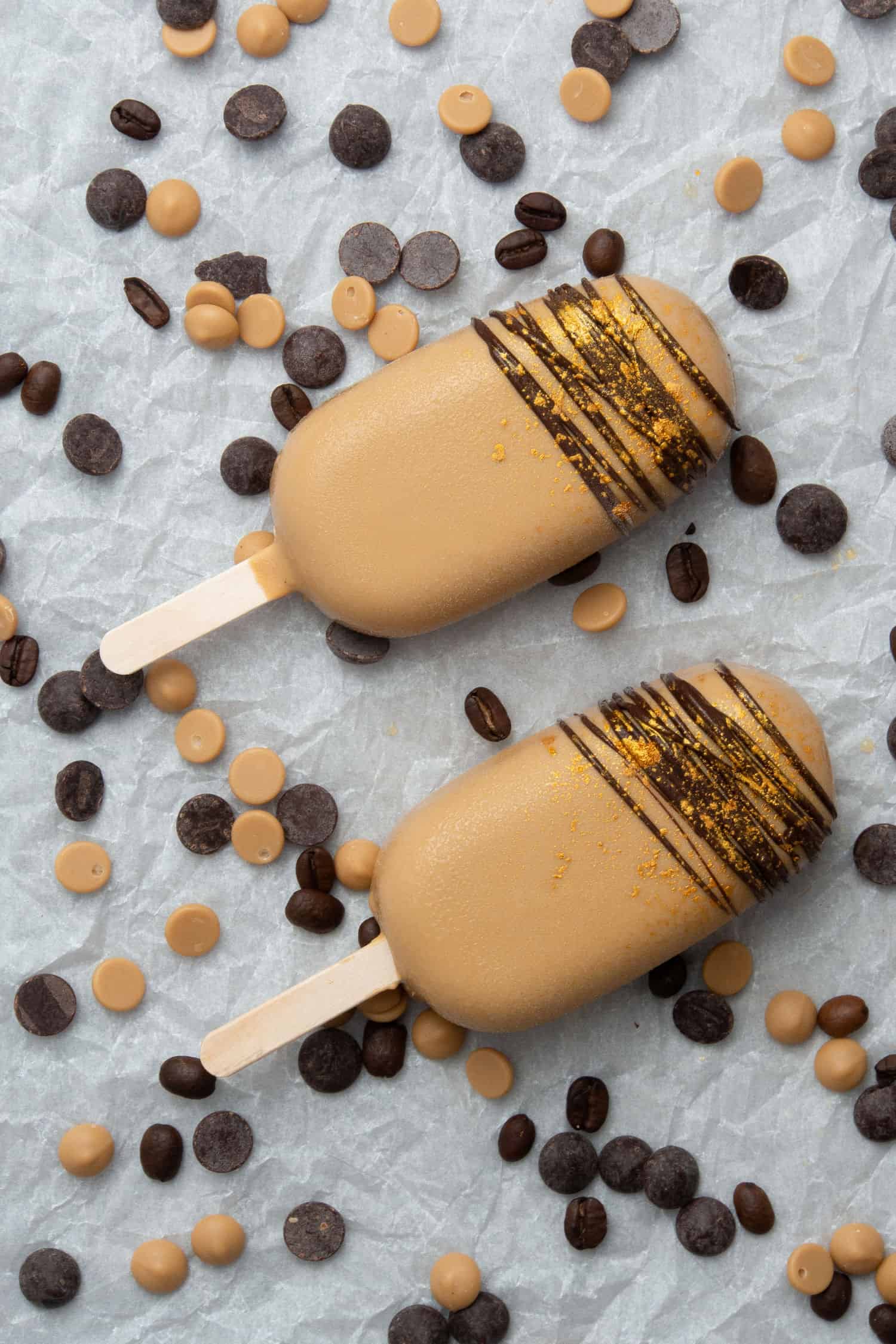 2 pcs of Coffee caramel ice cream on a white baking sheet.