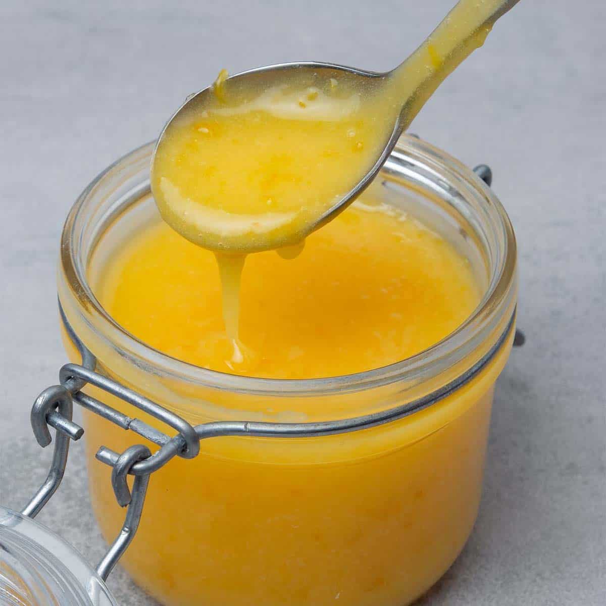 Lemon curd in a jar.