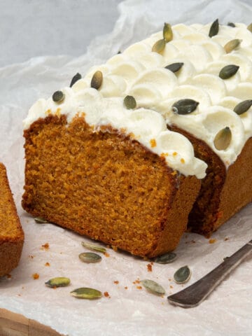 Pumpkin bread with cream cheese frosting.