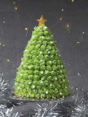 Christmas tree cake on a cake stand.