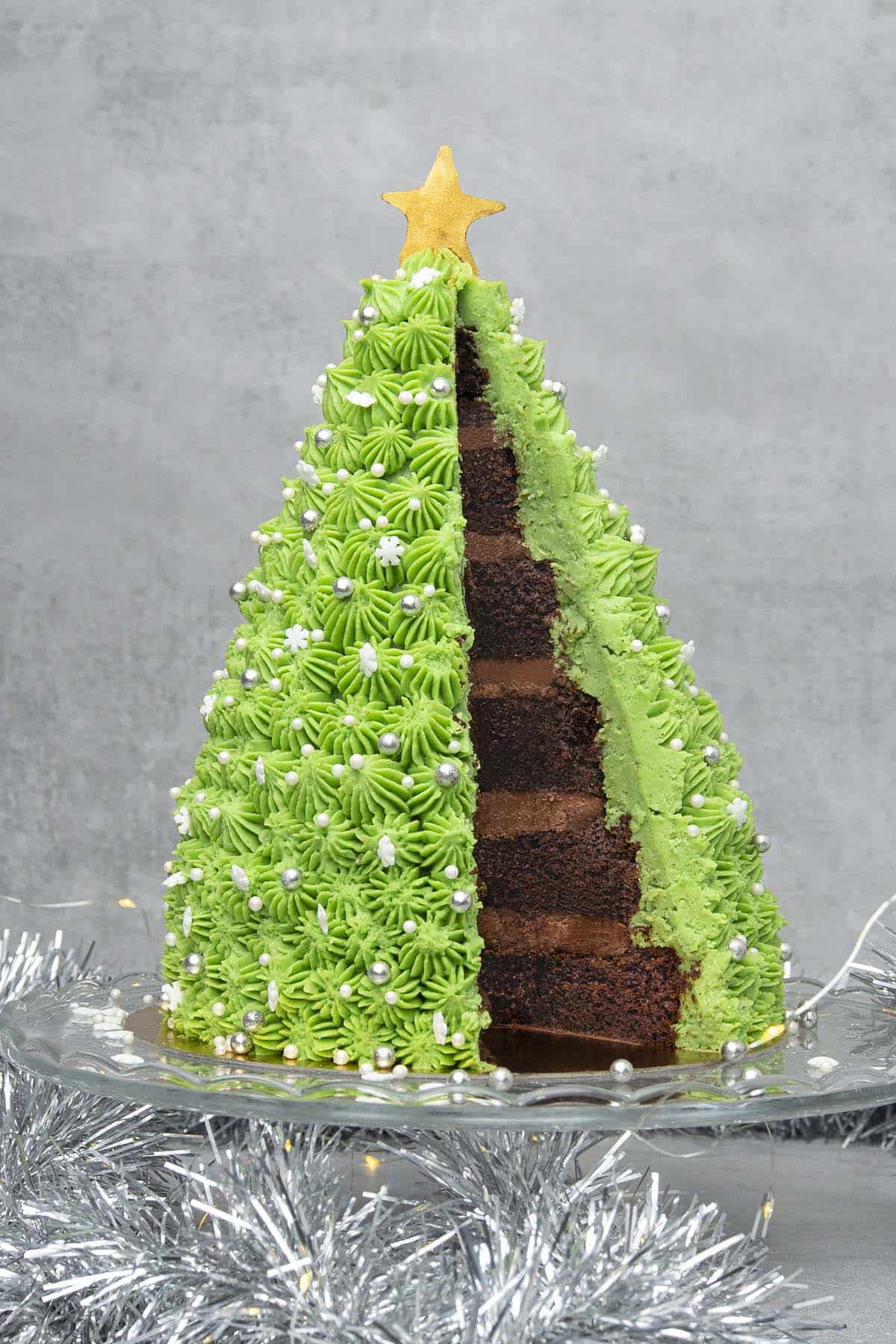Christmas tree cake on a cake cake stand