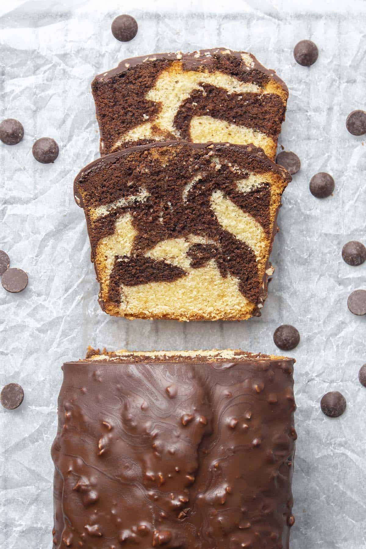Two slice Marble loaf cake on a white paper 