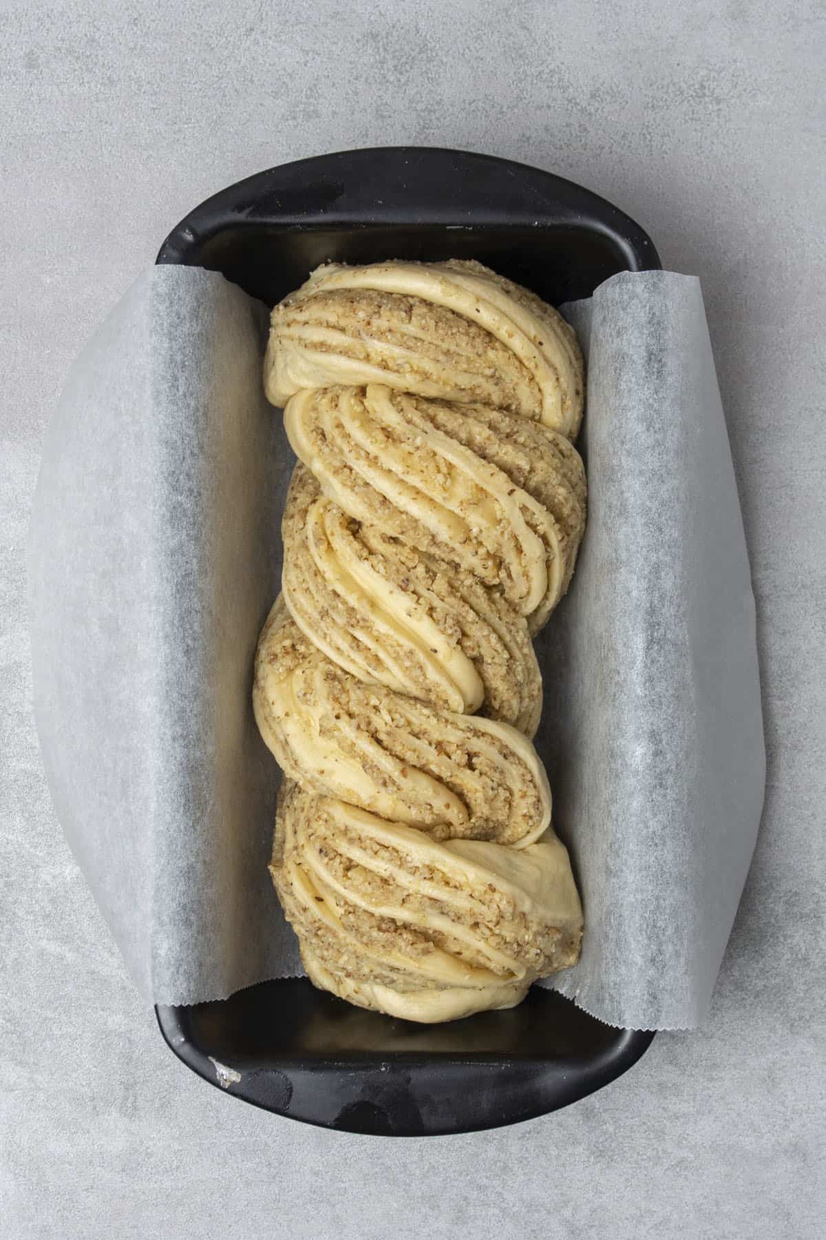 Walnut babka dough in a loaf pan