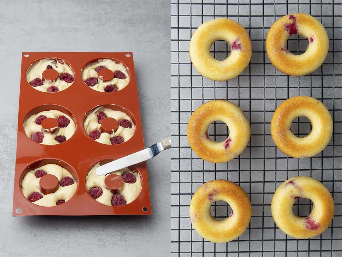 Baked raspberry donuts before and after baking on a cooling rak.