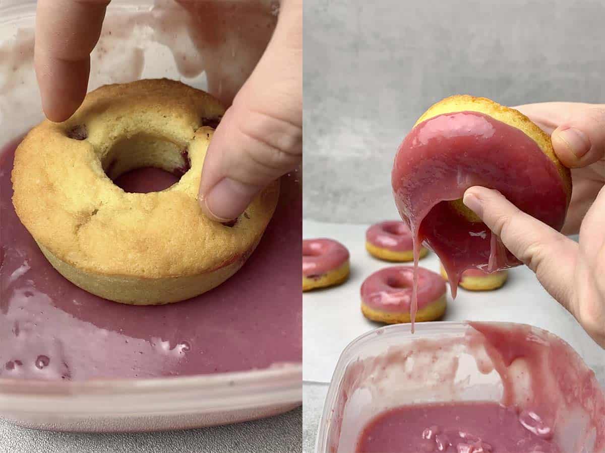 raspberry donuts glazing process.
