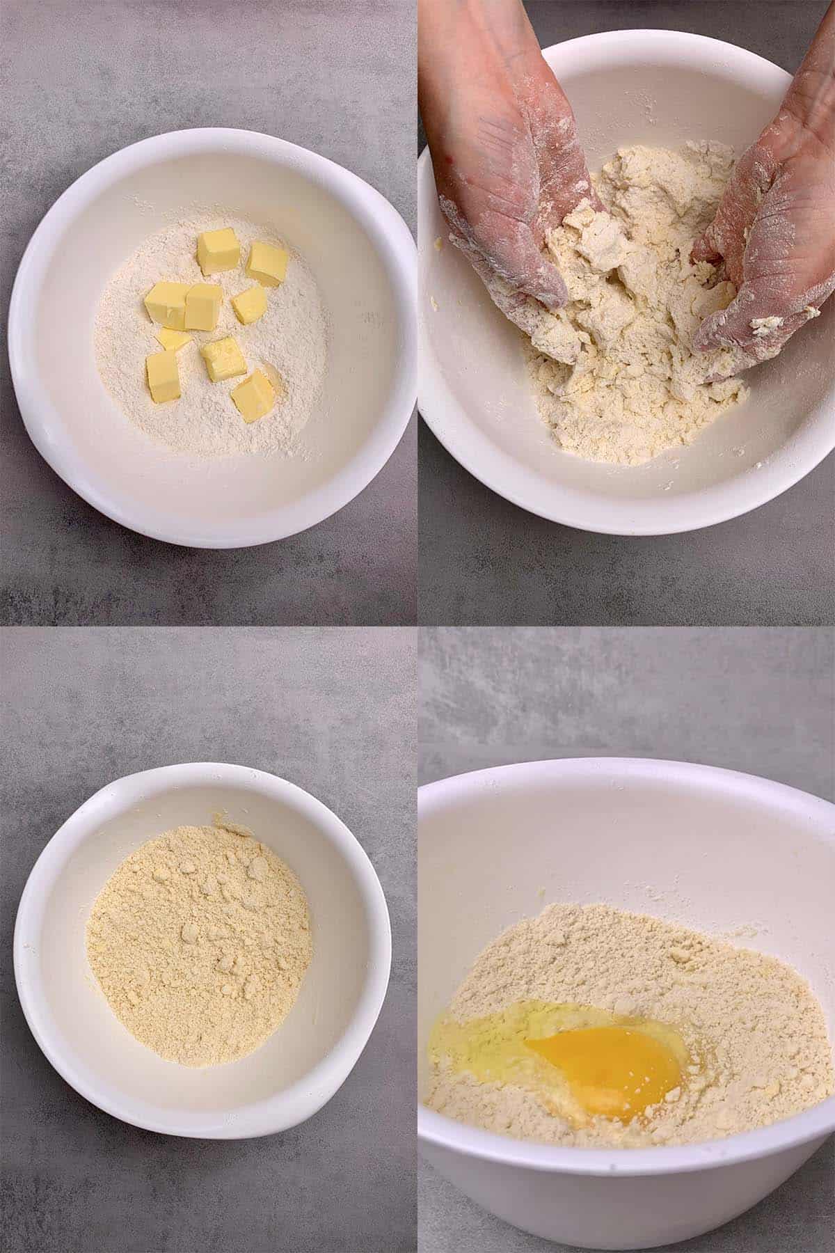 Process images for the tart shell.  adding butter chunks to the flour, mixing with hand and then adding an egg.