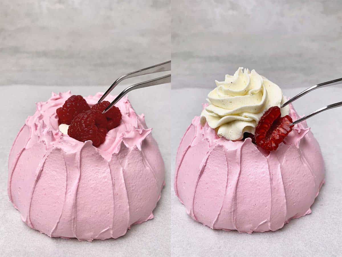 Raspberry pavlova decoration.