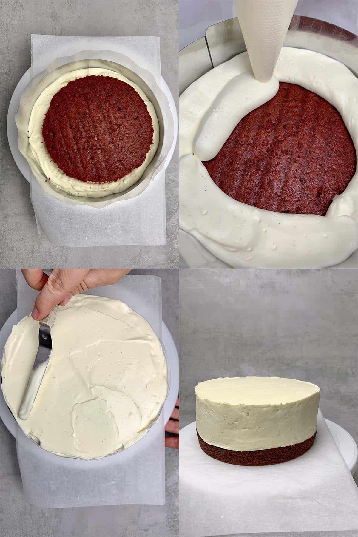 Red velvet cake assembly process.
