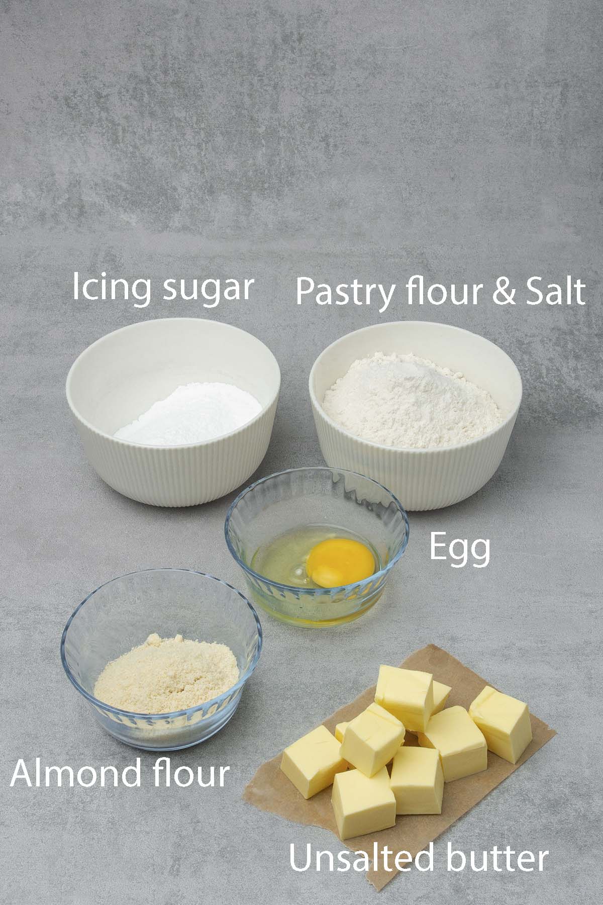 Measured ingredients for the tart on a table top
