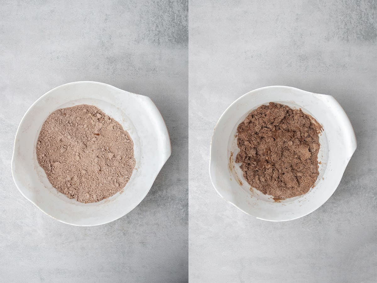 Mixing dry ingredients in a bowl and adding butter chunks.