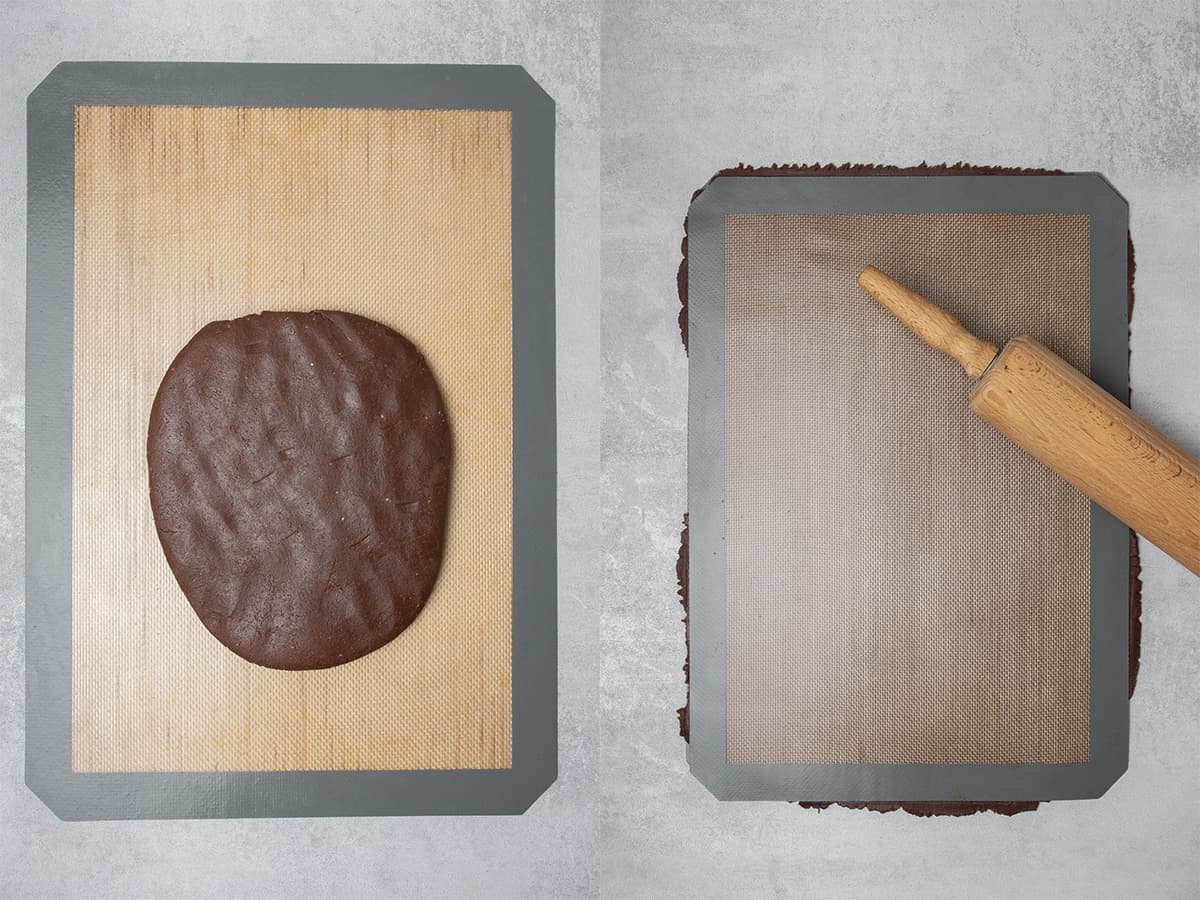 Shaping the dough and rolling it between tow silicone baking mats.