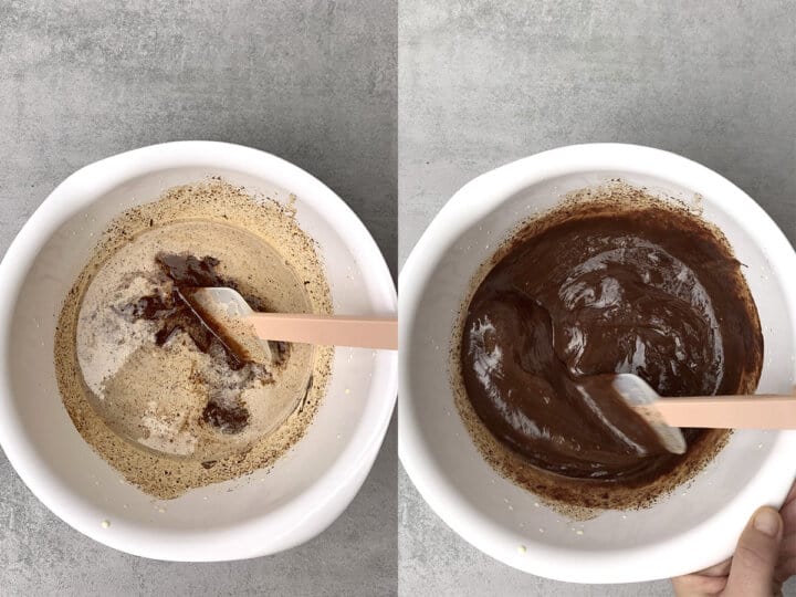 Making chocolate hazelnut ganache.