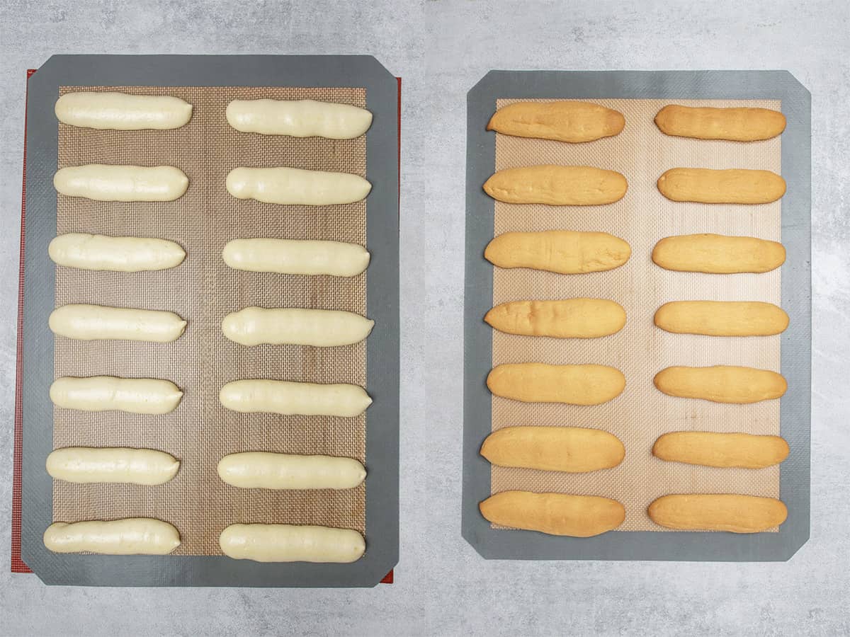 Lady fingers before and after baking.