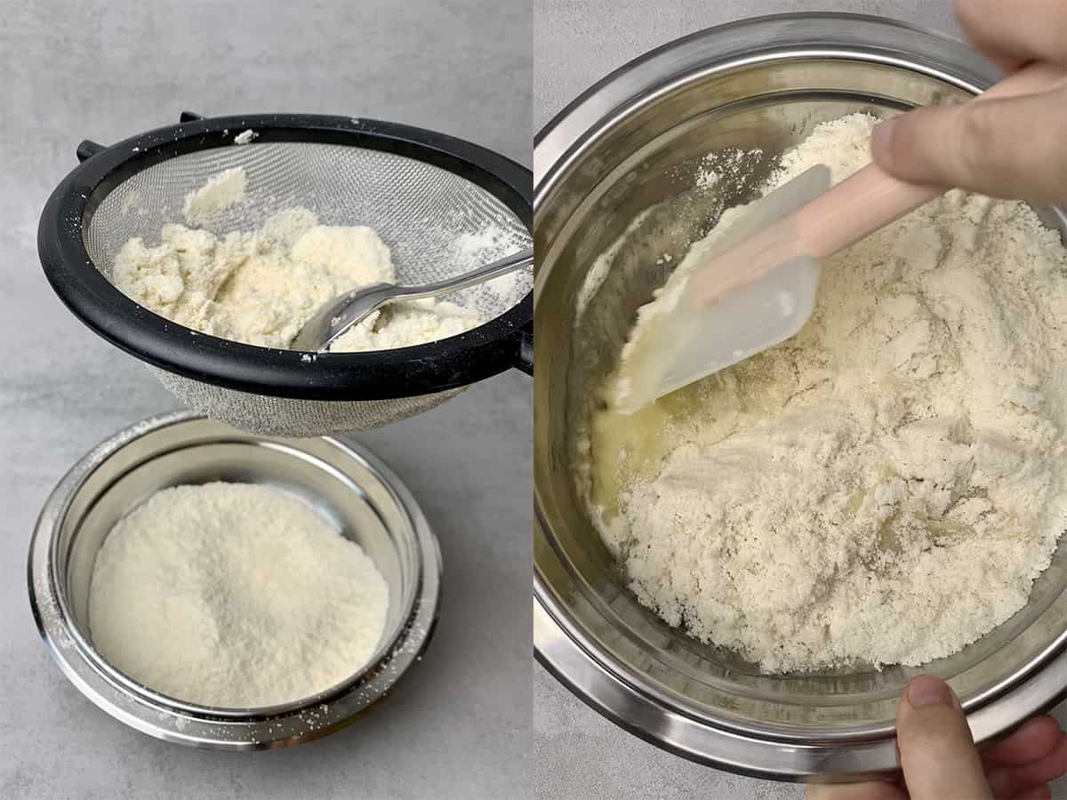 sifting ingredients and mixing it in a bowl.