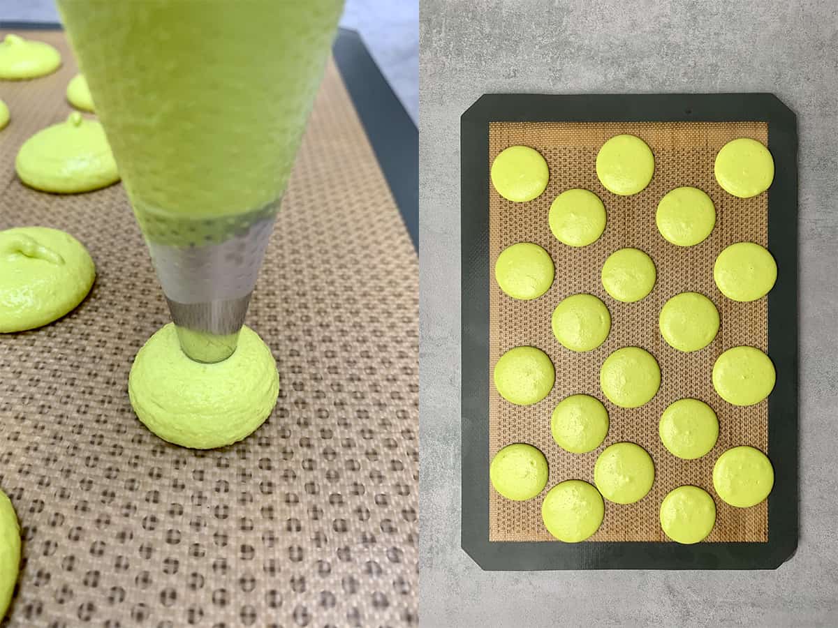 Piping the pistachio macarons.