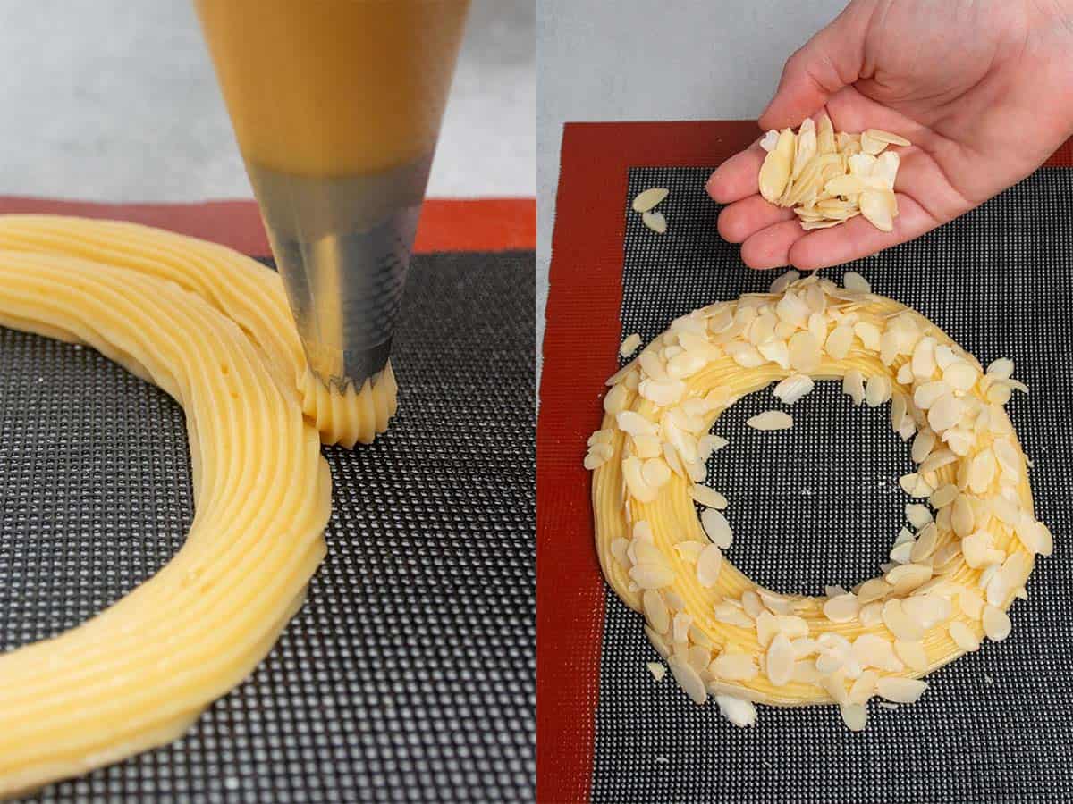 Piping the dough on a perforated mat and covering with almond flakes.