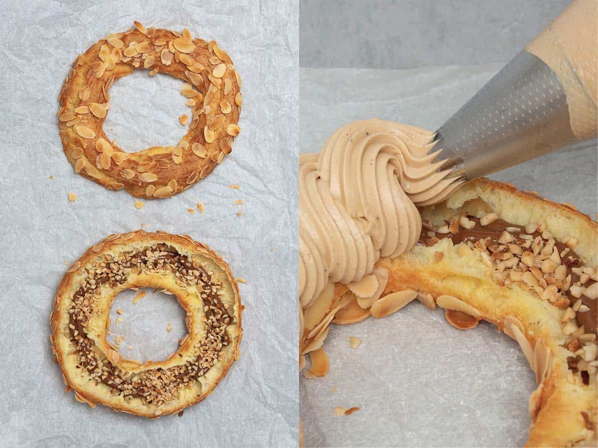 Assembling the Paris Brest and piping the cream filling.