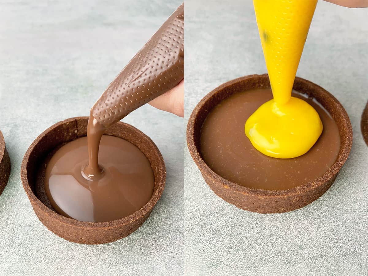 Piping chocolate and passion fruit curd.