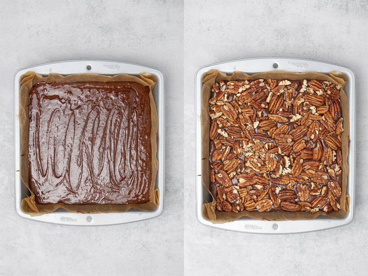 Collage of two images. brownie mix in a baking pan on the left and brownie covered with pecan chunks on the right.