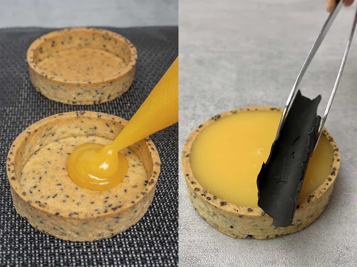collage of two images, piping the yuzu curd into a tart shell and adding a chocolate decoration on top.