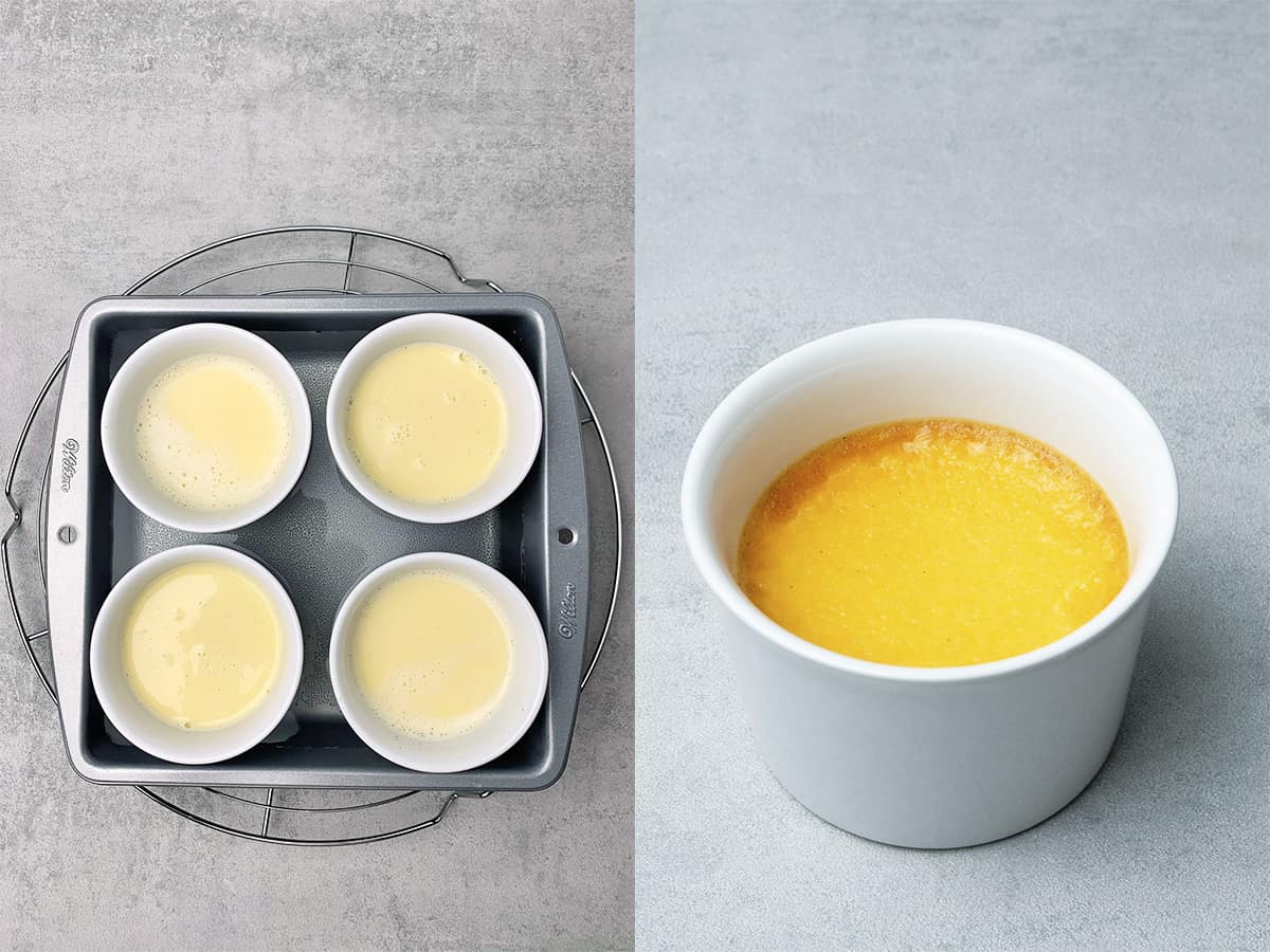 Creme brulee before and after baking.