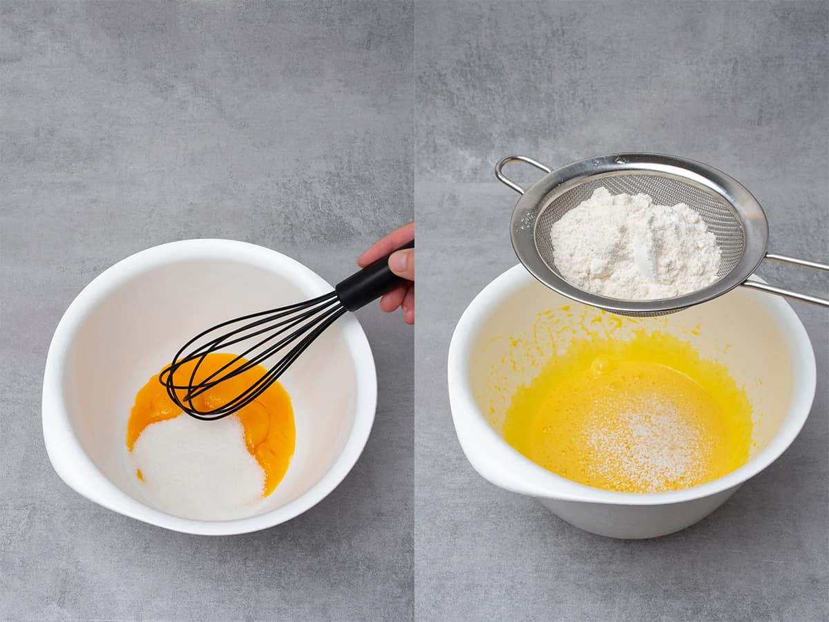 Mix egg yolk with sugar and sift flour
