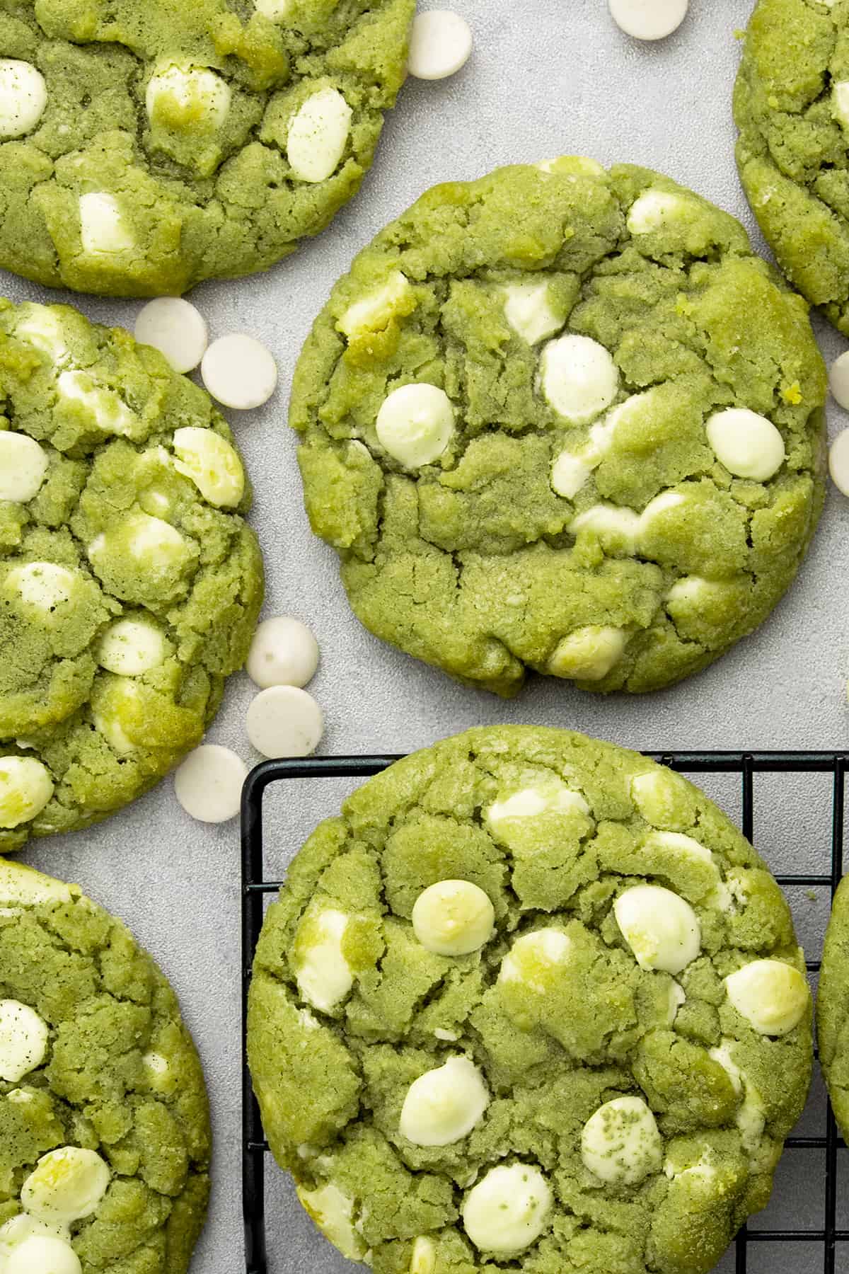 Matcha cookies on a cooling rack.