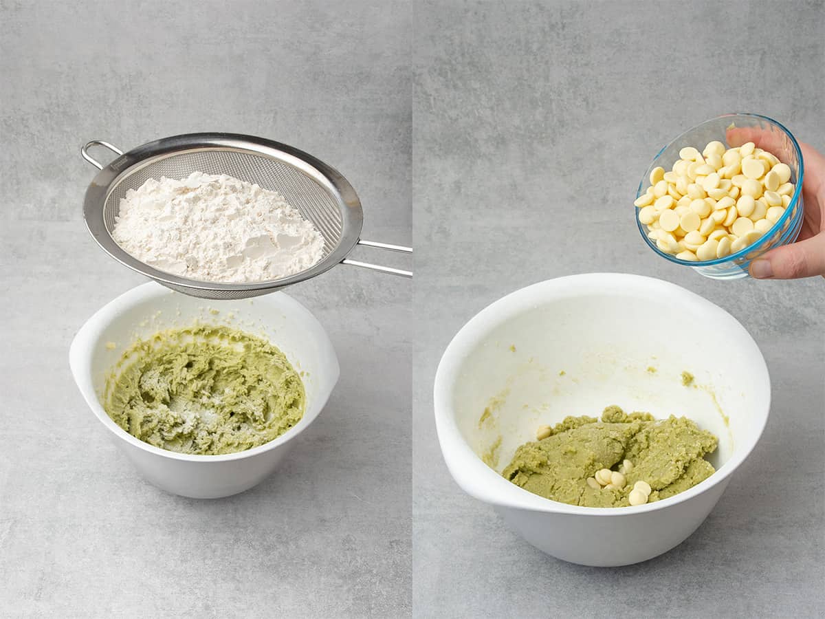 Matcha cookies mixing the ingredients in a bowl.