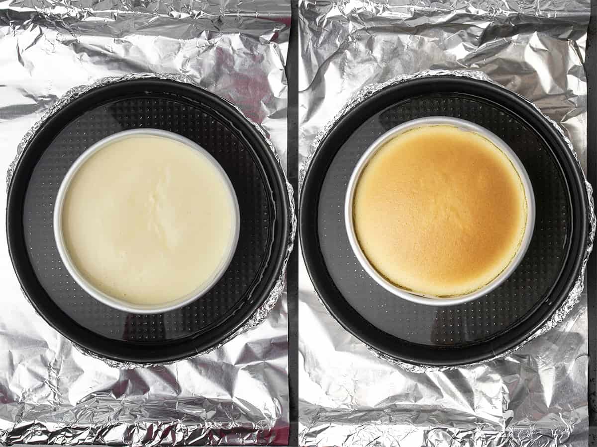 Cheesecake in water bath before and after baking.