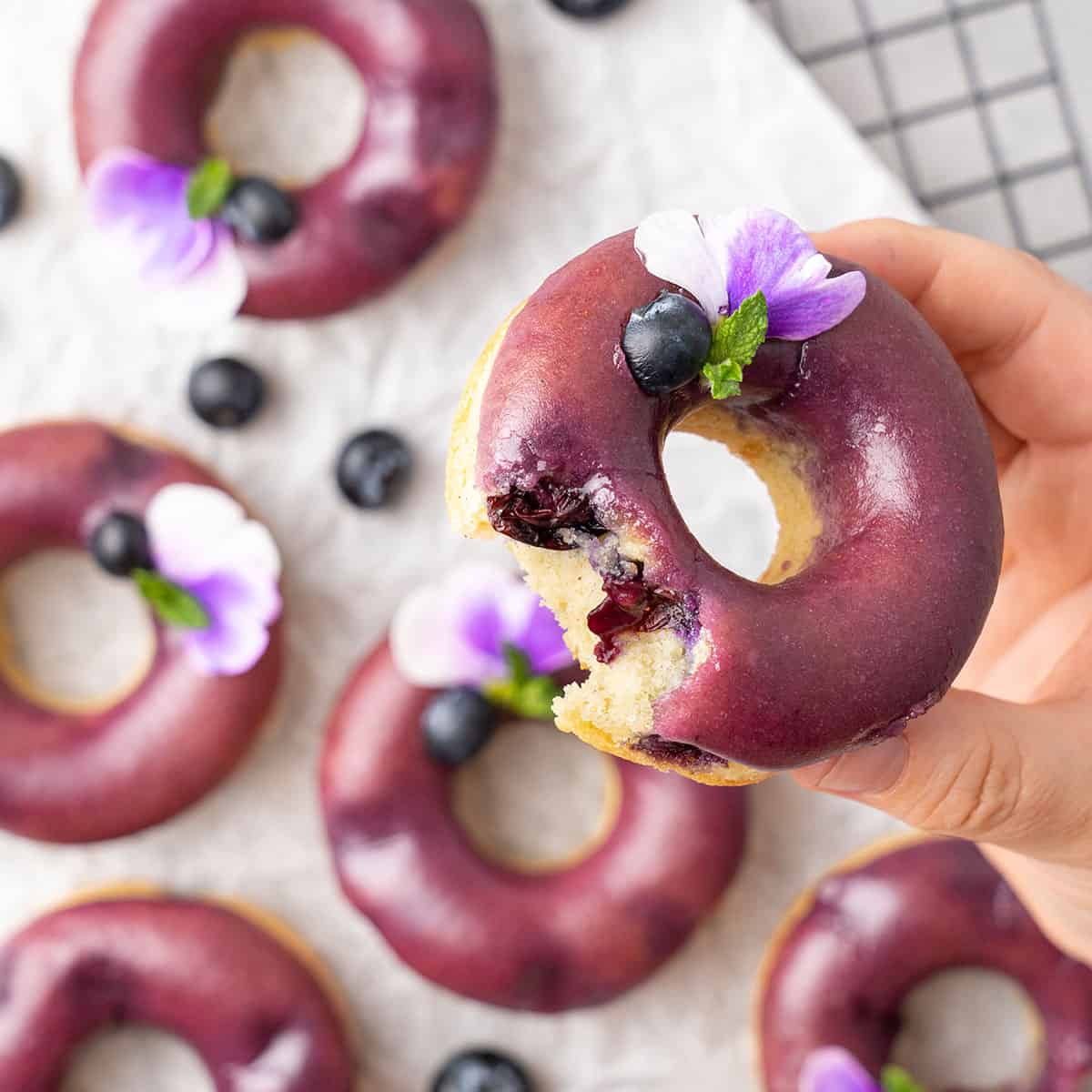 Blueberry baked donuts on a cooling rack and a hand holding one of the donut.