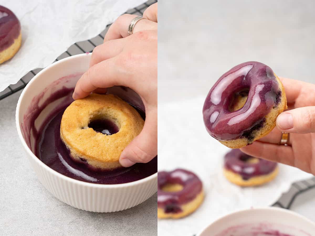 White ramekin filled with glaze and a hand dipping the donut. 