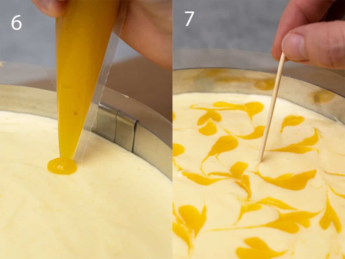 creating the mango marble effect on the mousse cake with a toothpick