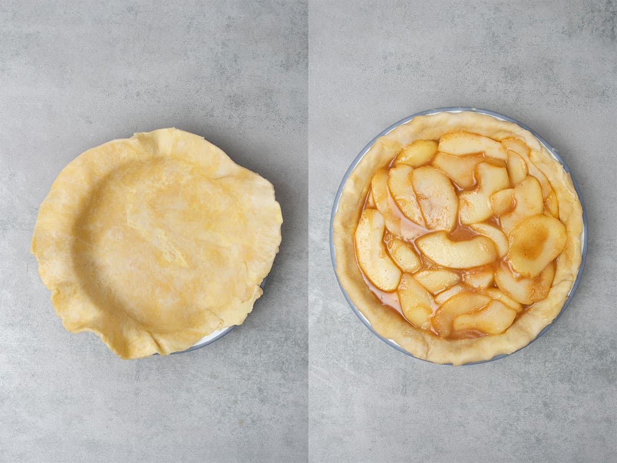 assembly of the pie. Pie dough in the pie tin and filled with the apple filling.