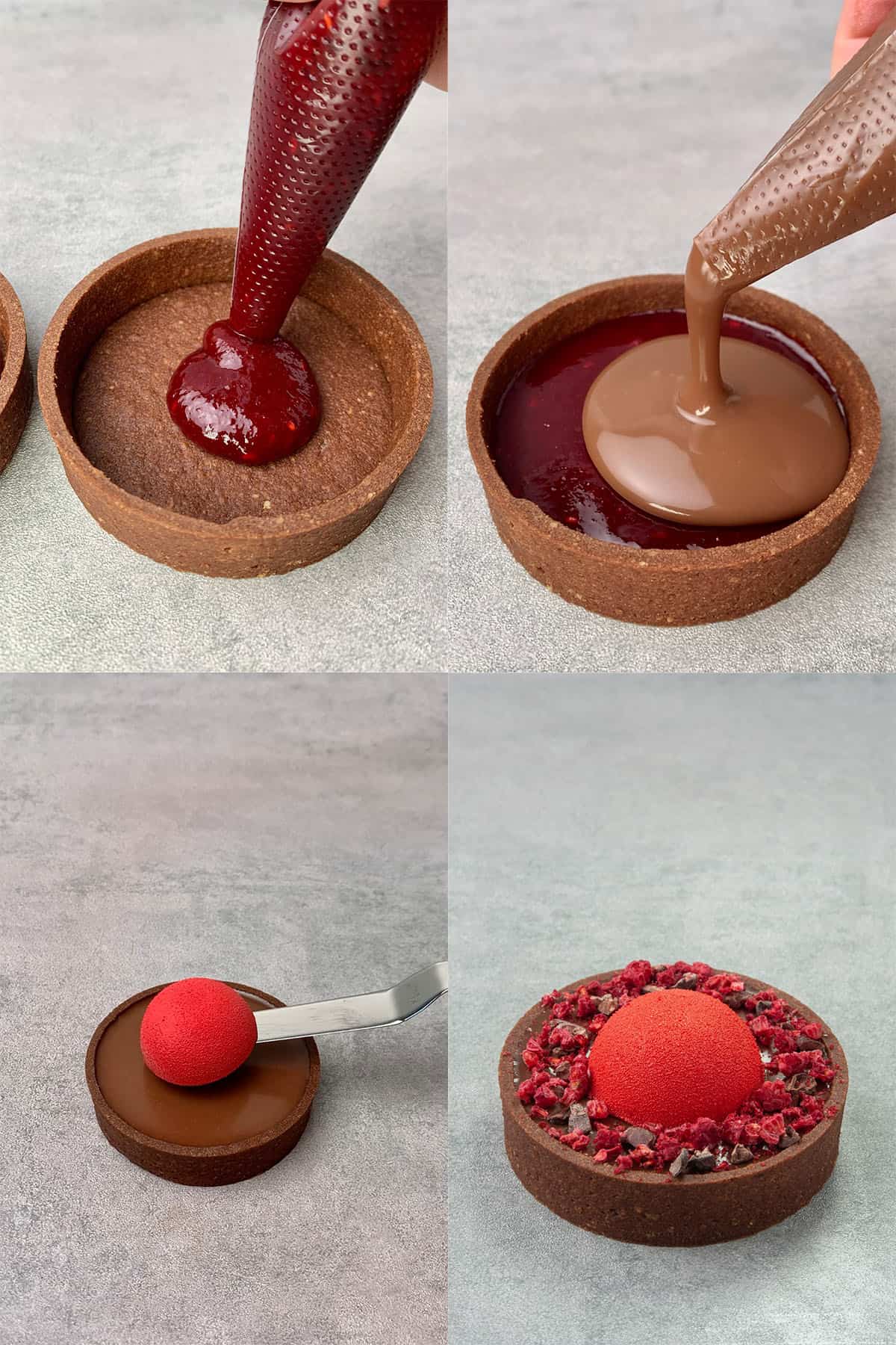 Assembling process of the chocolate raspberry tart.