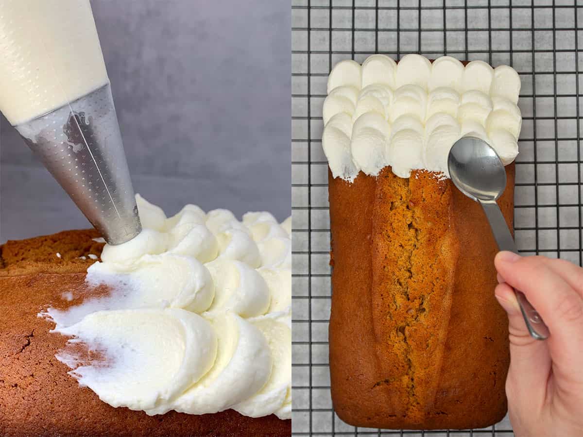 Piping the cream cheese frosting on the top of the pumpkin bread and shaping the cream with a spoon