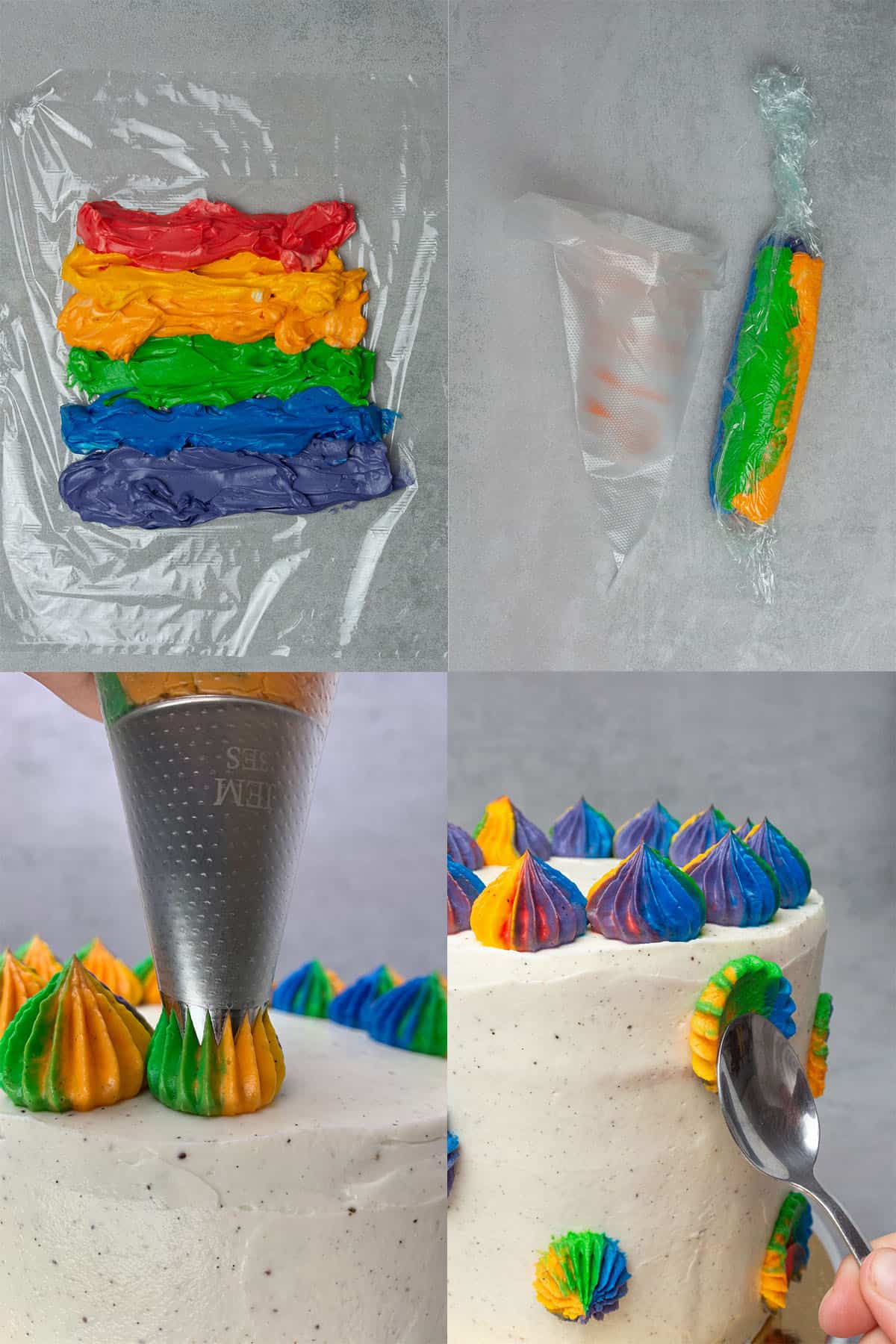Step-by-step process for the cream cheese piping and decoration.