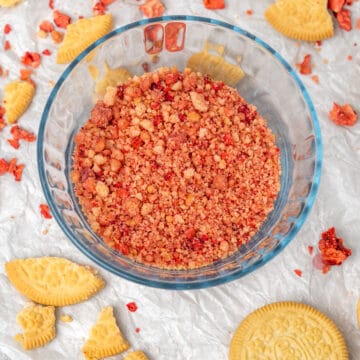 Strawberry shortcake crumble in a bowl.