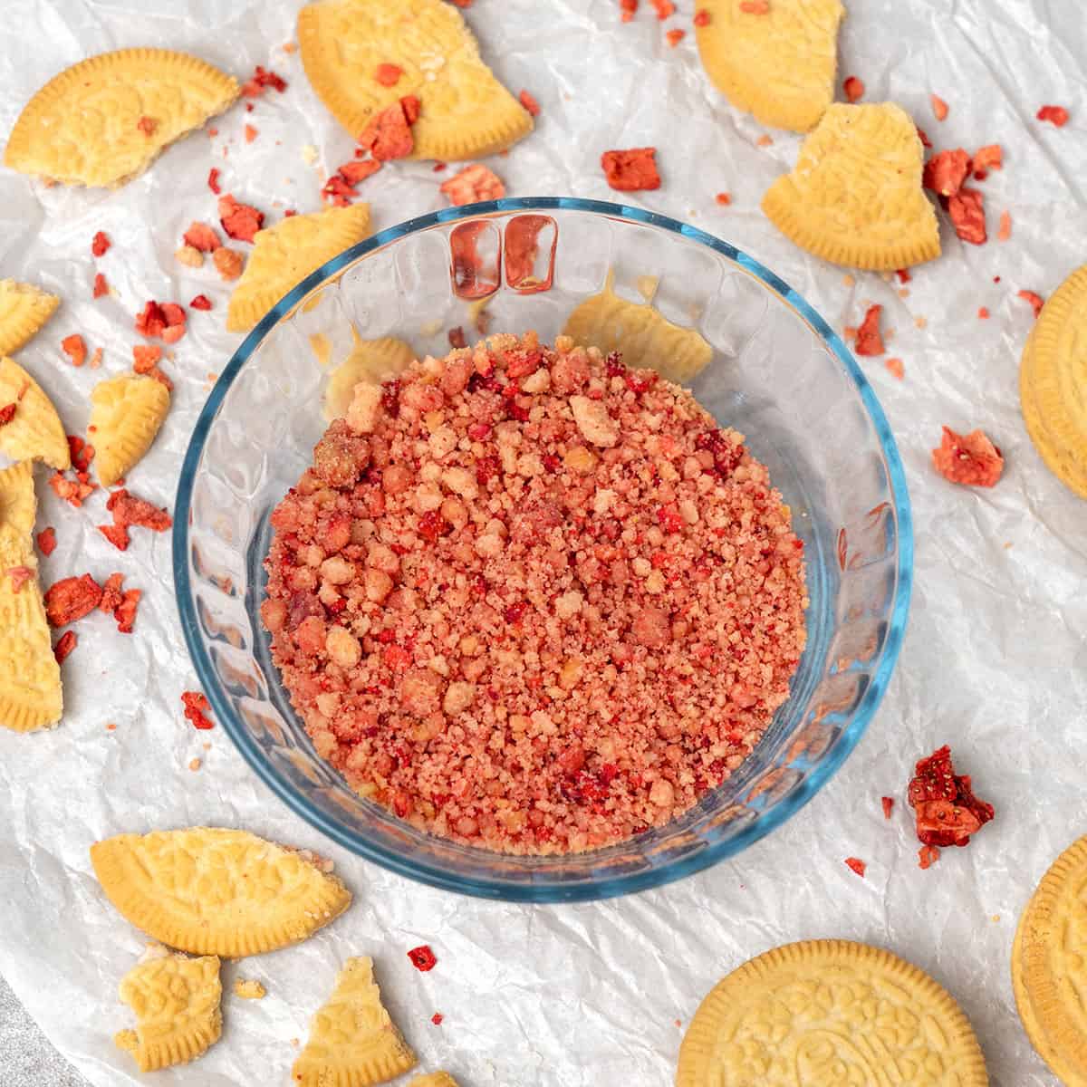 Strawberry shortcake crumble in a bowl.