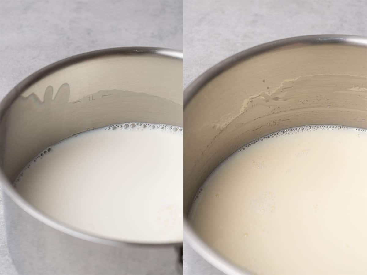Sweetened condensed milk in a pot.