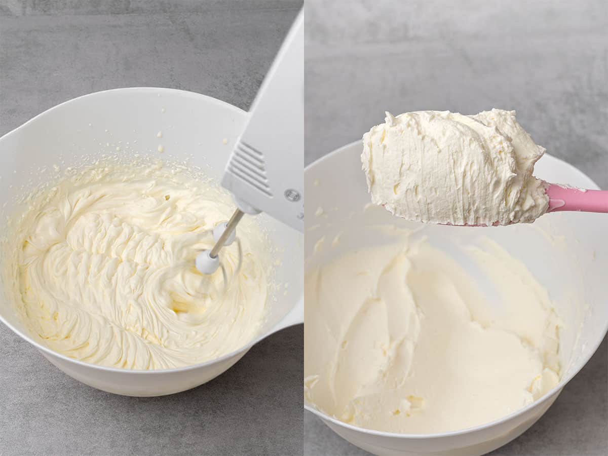 Whipped mascarpone process in a bowl.