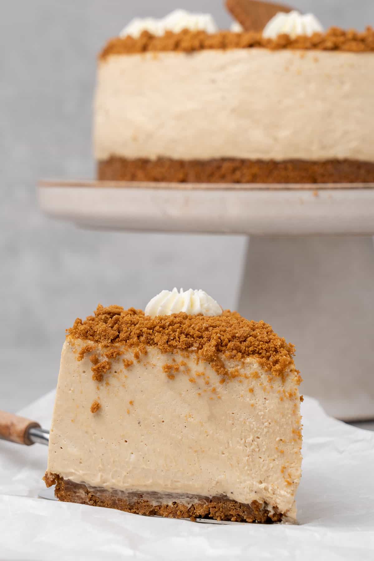 a slice of Biscoff cheesecake.