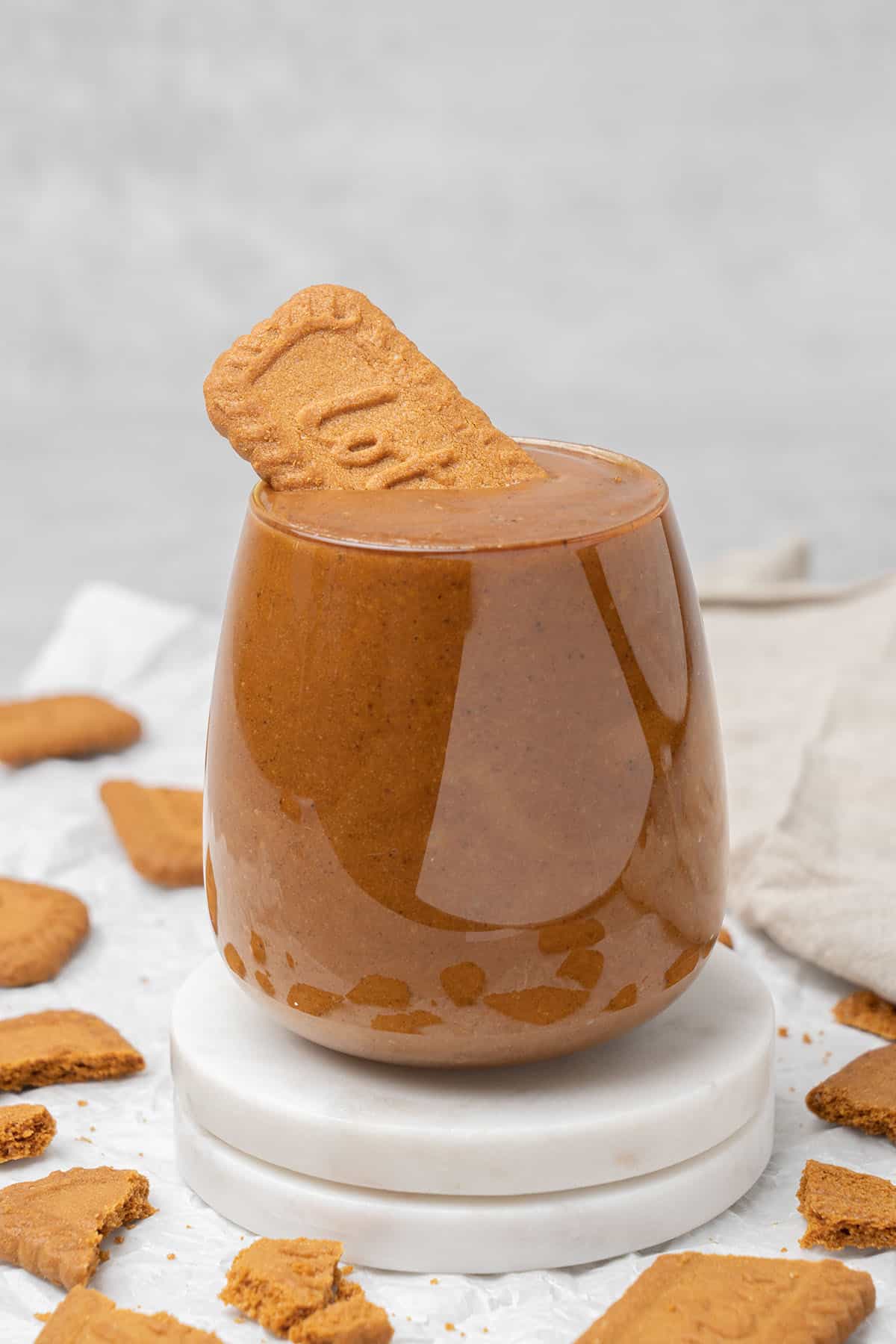 Lotus Biscoff spread in a glass.