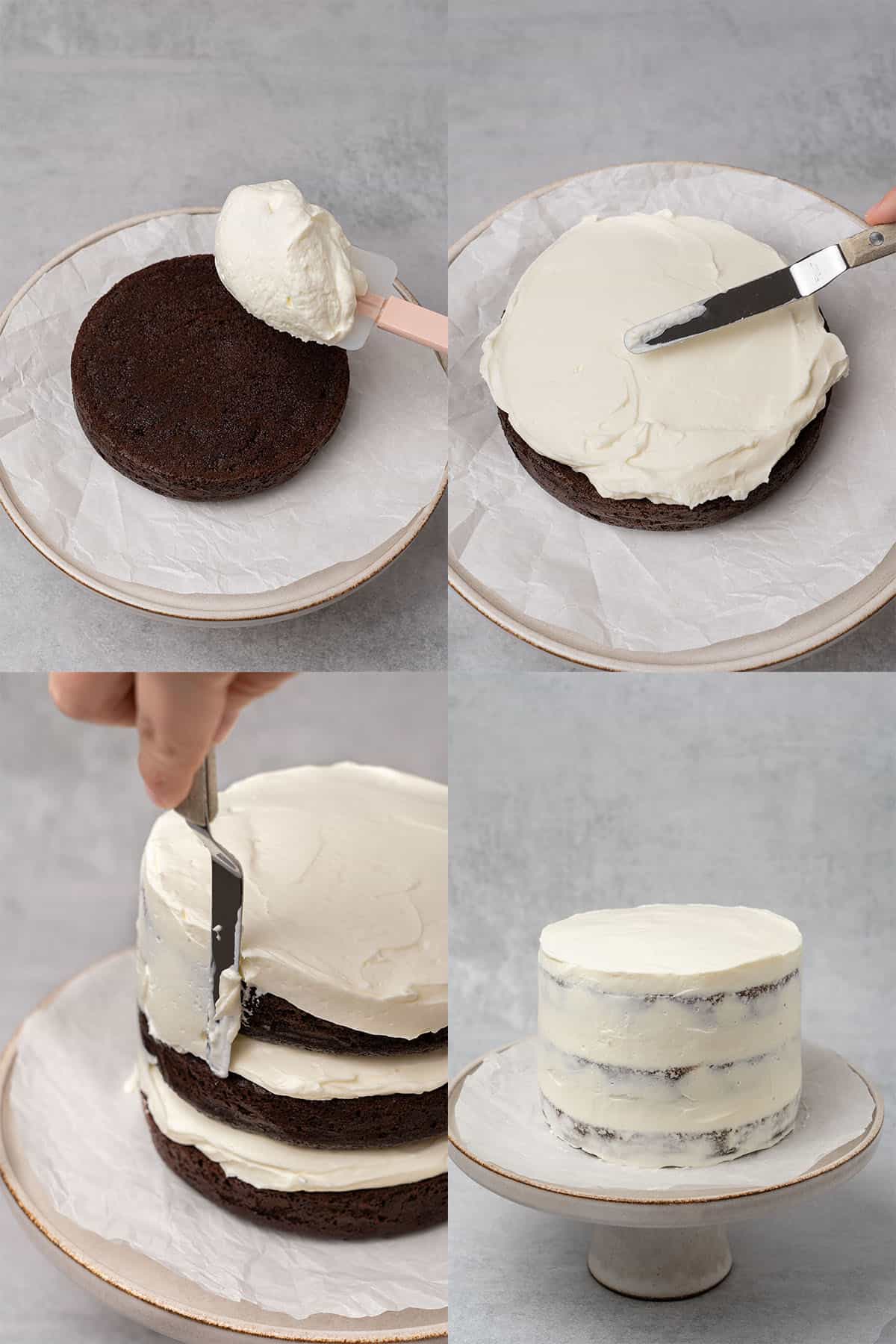 Chocolate cake with cream cheese frosting step-by-step assembly.
