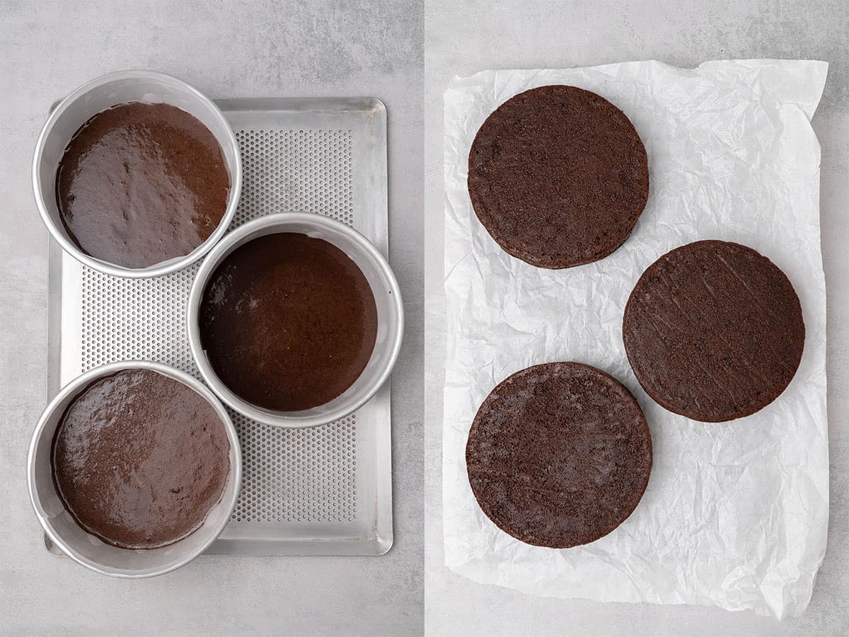 Chocolate sponge before and after baking.
