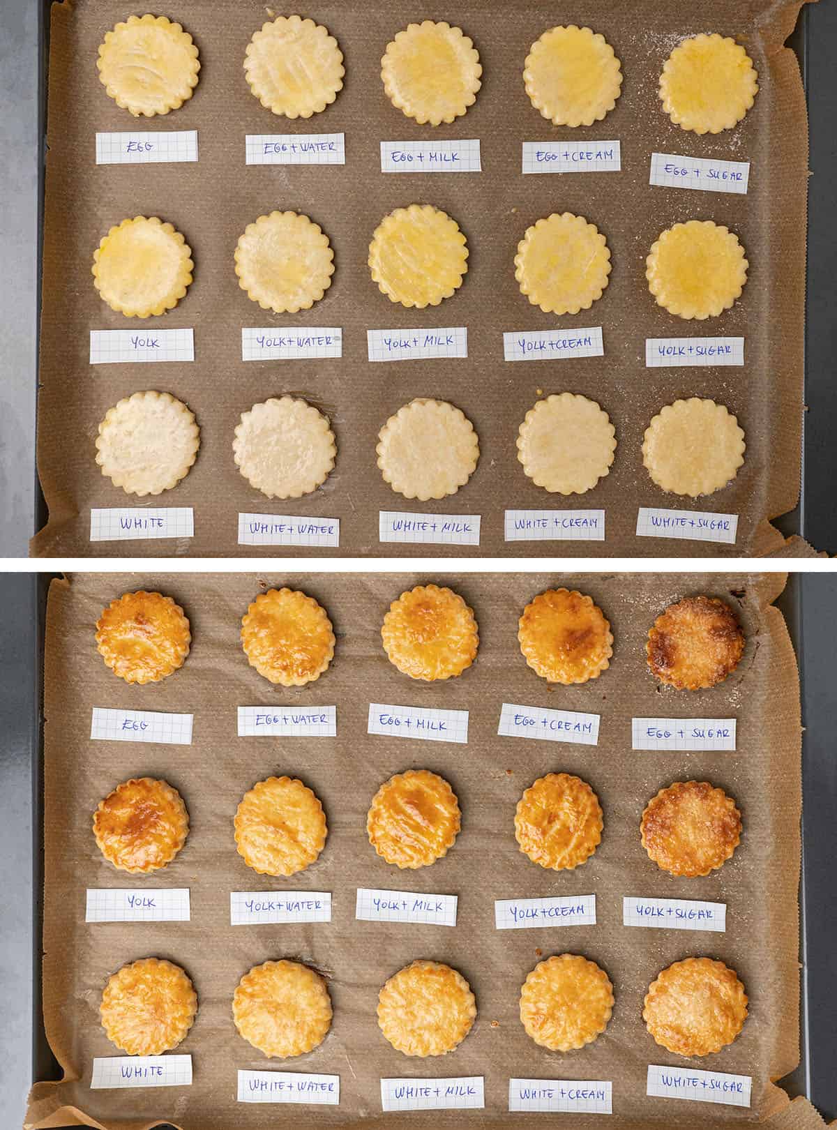 15 different type of egg wash before and after baking.