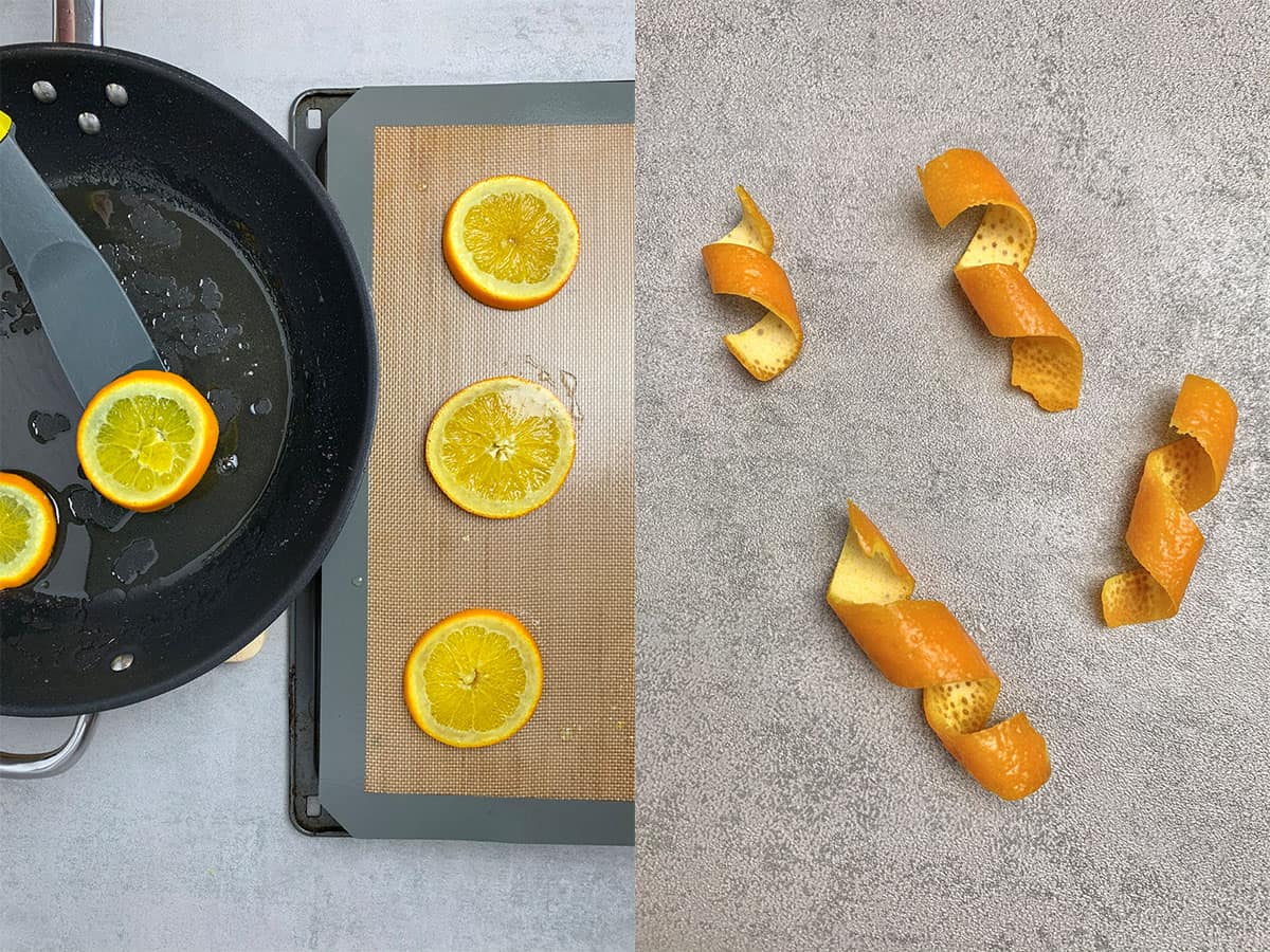 Making orange curls for decoration.