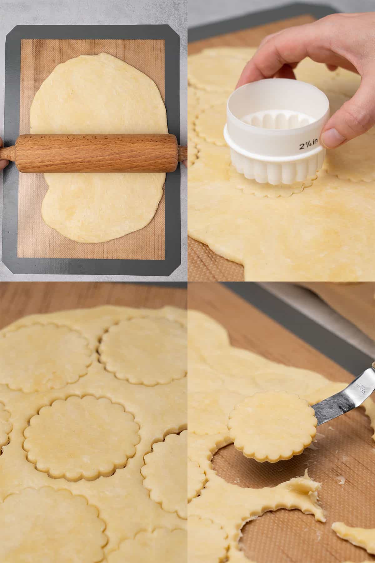 Dough shaping and cutting process for pie crust cookies.